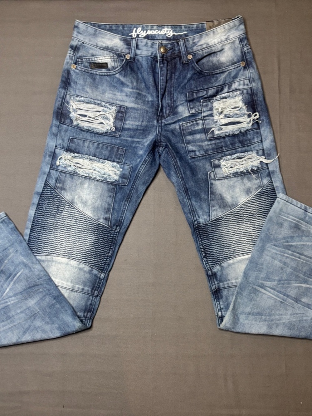 Fly Society Men’s Distressed Blue Moto Jeans